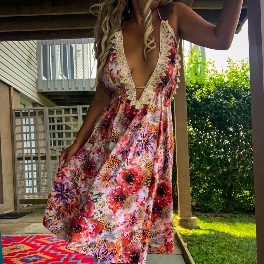 ALL SIZES Thousand Sunsets Halter Dress  Beach and Swim Coverup Deep V Dress